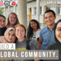 Group of students smiling with the words "Build a Global Community"